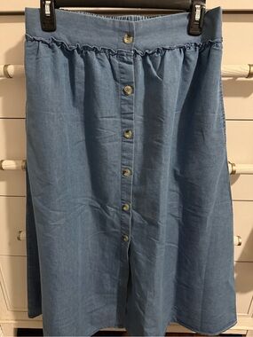 Blue Button-Front Midi Skirt